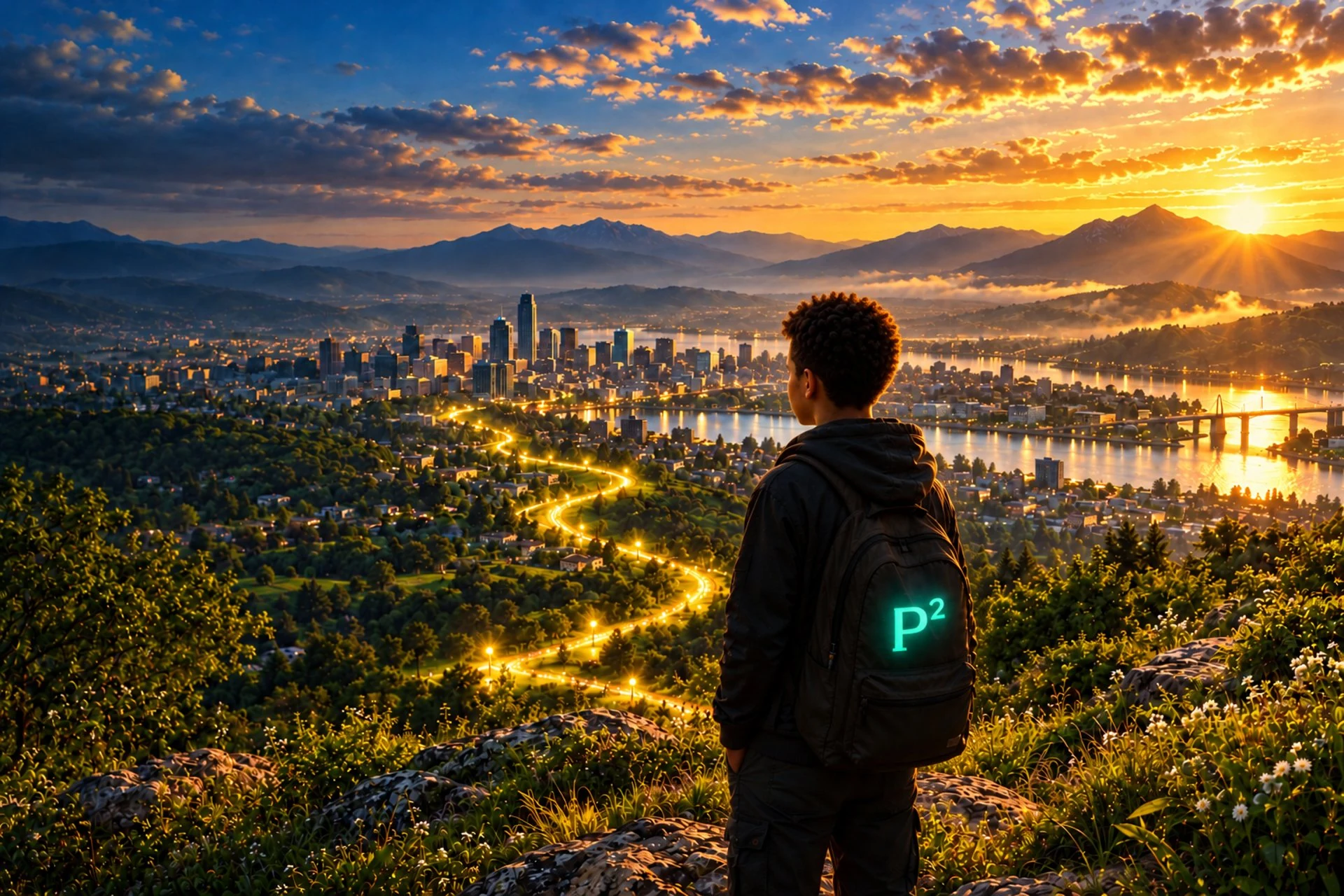 A young South African teenager with a P² backpack looking out over a glowing landscape toward a futuristic city at sunset.